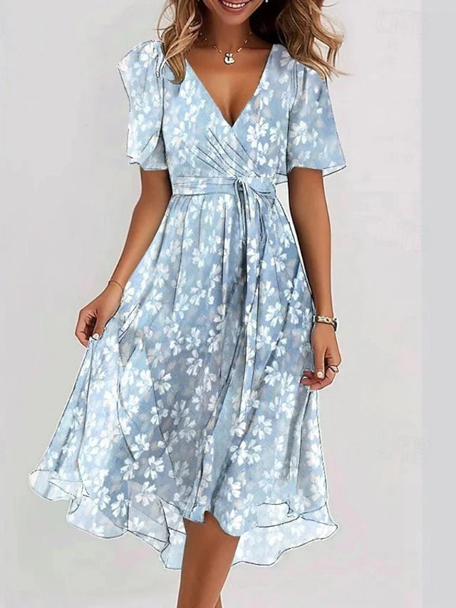 Glamour Style™ Floral Chiffon Midi Cocktail Dress Glamour Style Light Blue