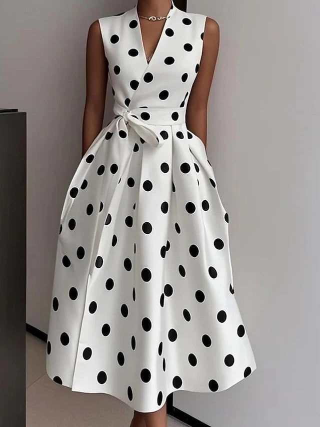 Glamour Style™ Polka Dot Sleeveless Midi Dress Glamour Style White