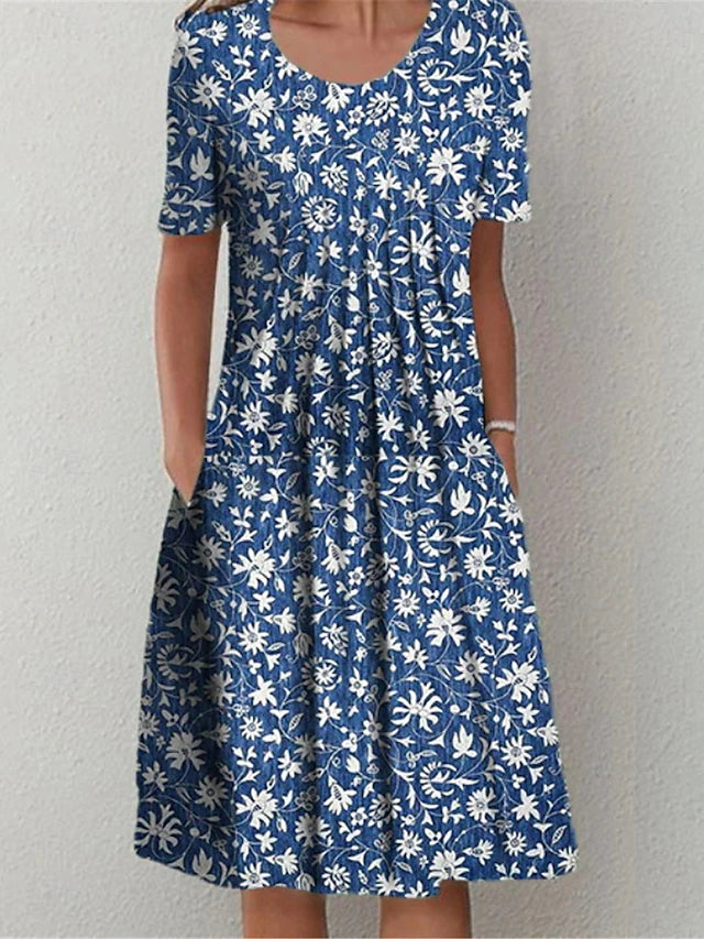Glamour Style™ Floral Crew Neck Summer Midi Dress Glamour Style Blue