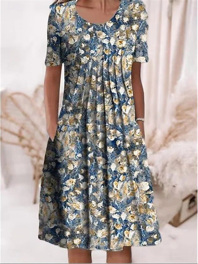 Glamour Style™ Floral Crew Neck Summer Midi Dress Glamour Style Dark Blue