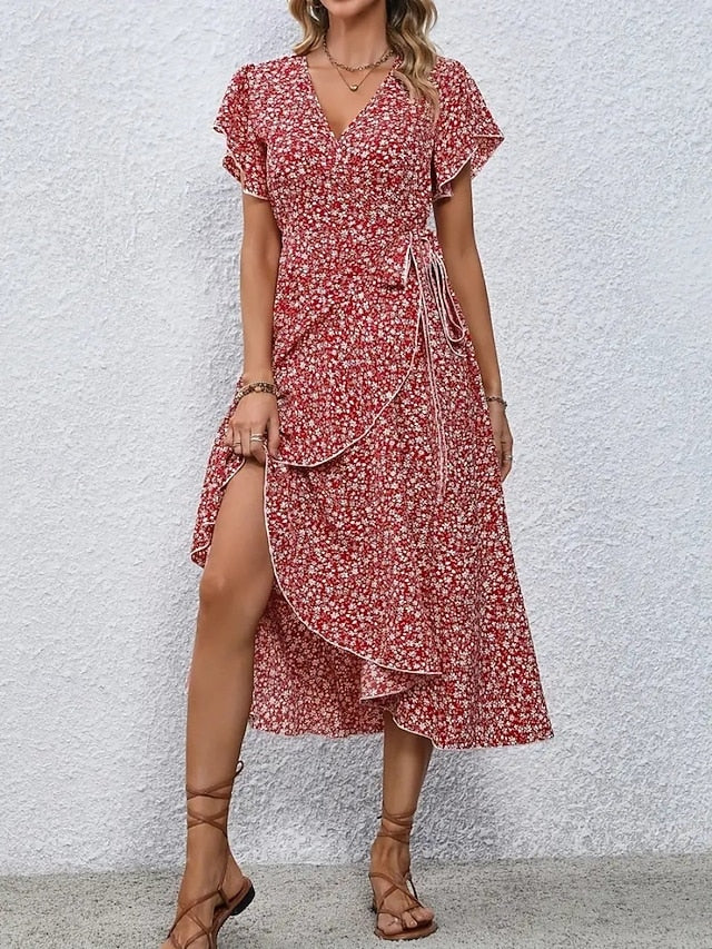Glamour Style™ Elegant Floral Wrap Midi Dress Glamour Style